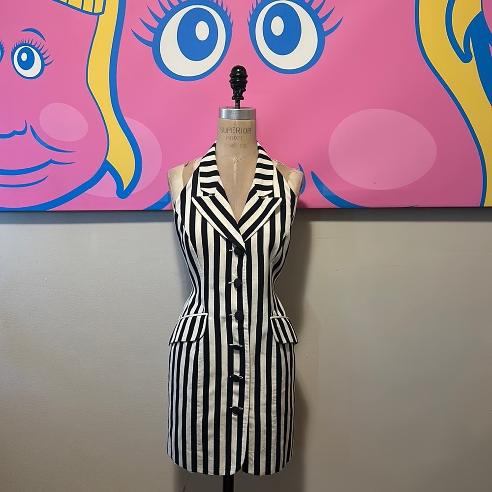 Moschino Cheap Chic Black White Striped Halter Neck Dress